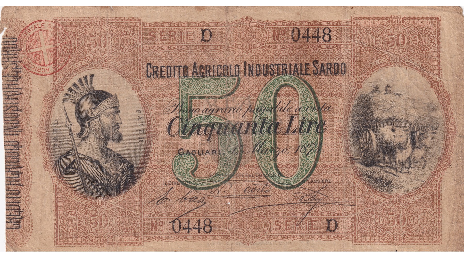 CREDITO AGRICOLO INDUSTRIALE SARDO 50 LIRE 1874