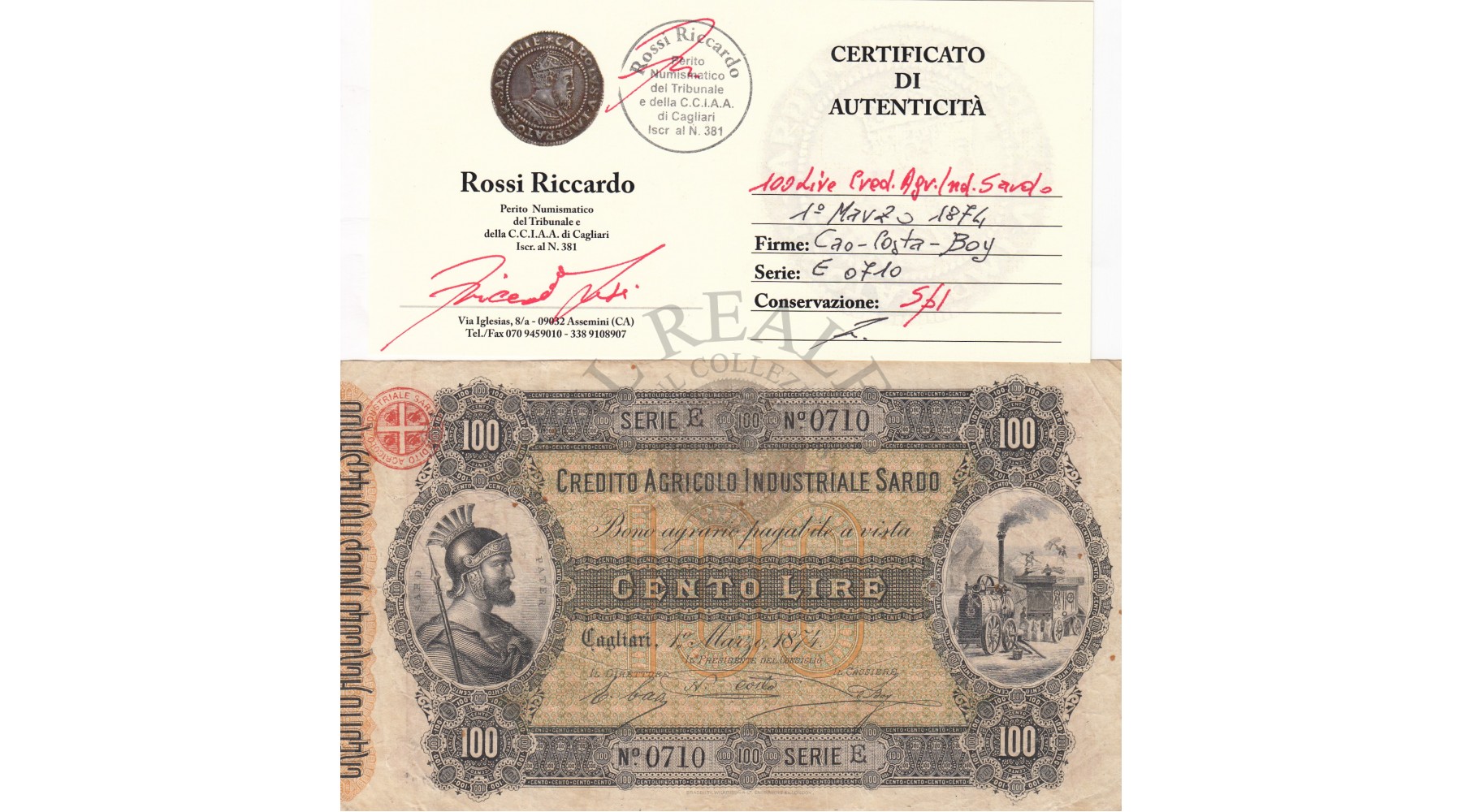 CREDITO AGRICOLO INDUSTRIALE SARDO 100 LIRE 1 MARZO 1874 SPL