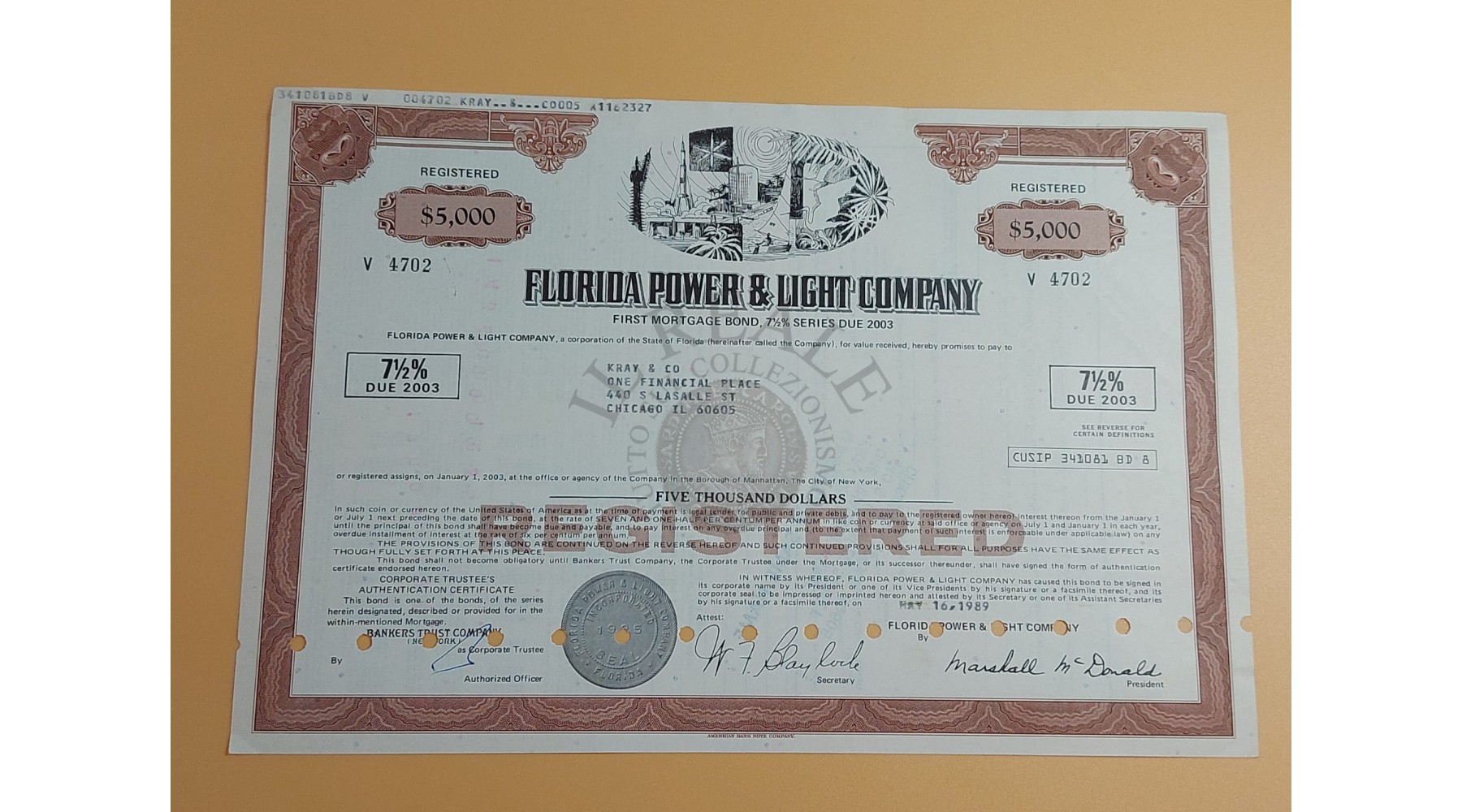 TITOLO AZIONARIO FLORIDA POWER & LIGHT COMPANY EMESSA NEGLI USA 1989