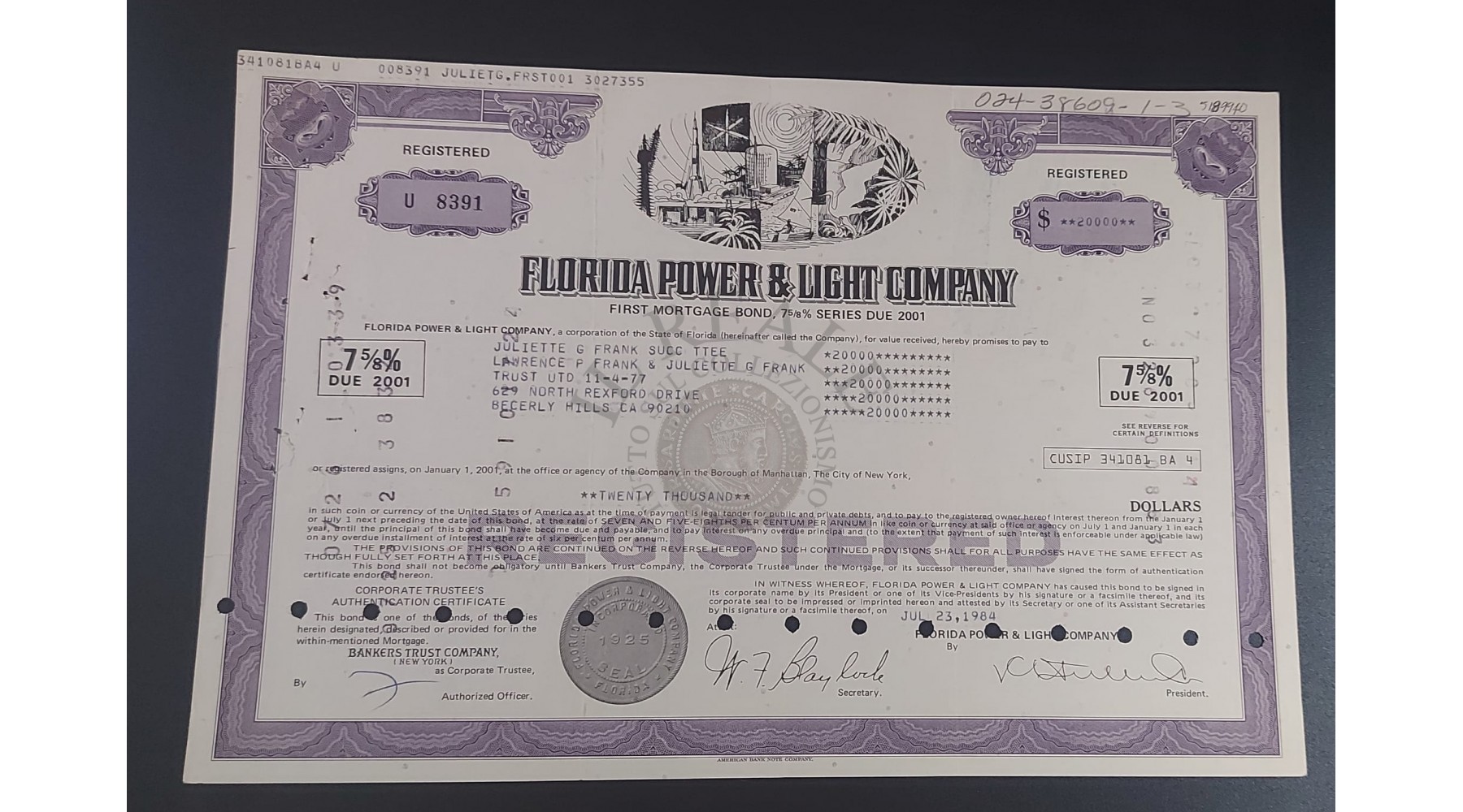 TITOLO AZIONARIO FLORIDA POWER & LIGHT COMPANY EMESSA NEGLI USA 1984