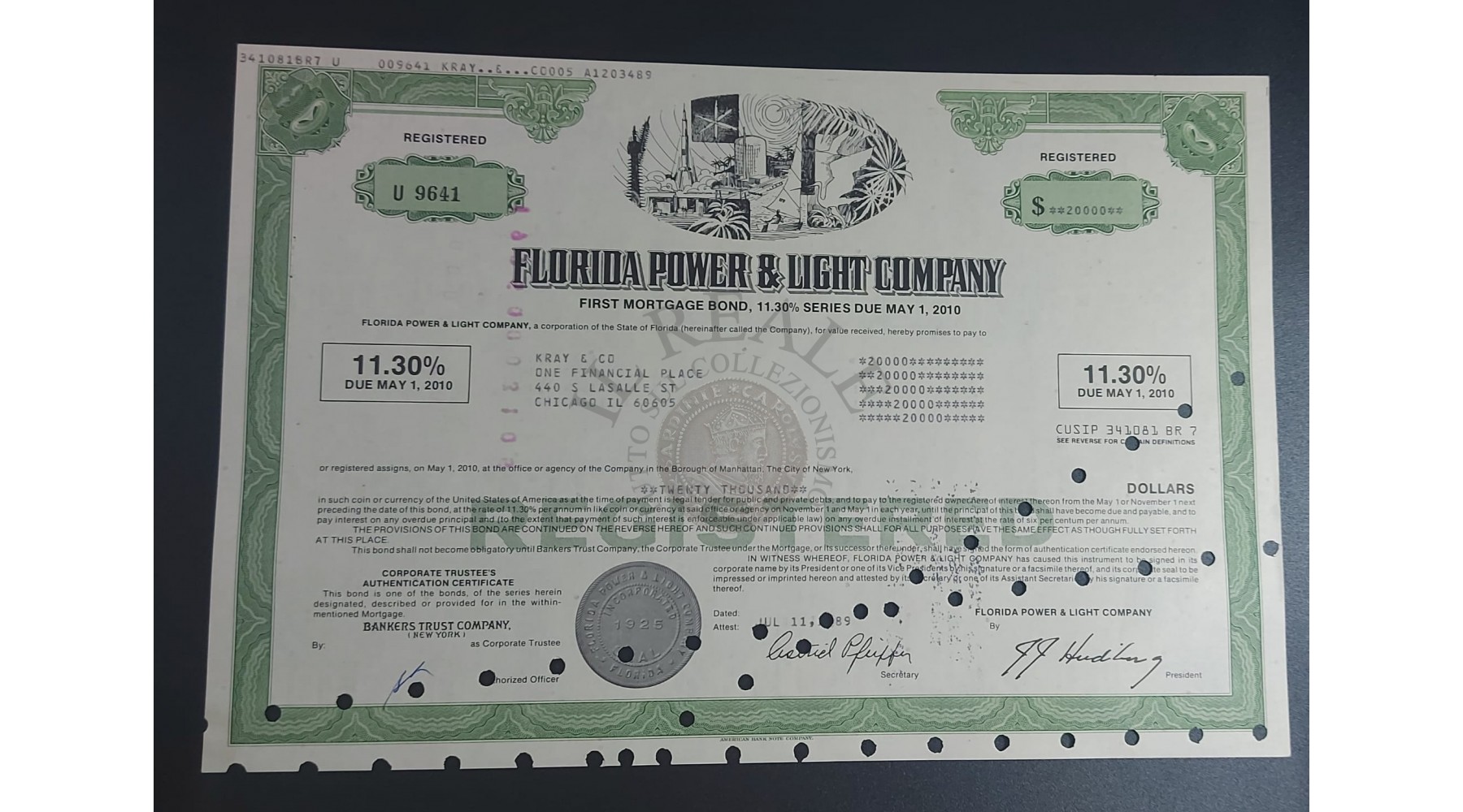 TITOLO AZIONARIO FLORIDA POWER & LIGHT COMPANY EMESSA NEGLI USA 1989