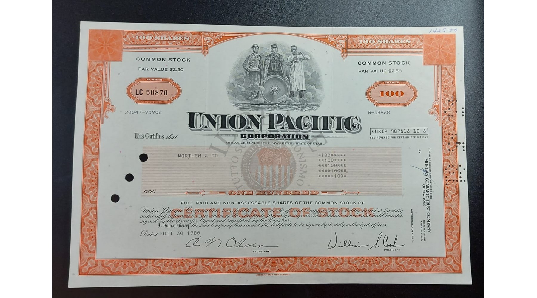 TITOLO AZIONARIO UNION PACIFIC CORPORATION OF NEW YORK 1980