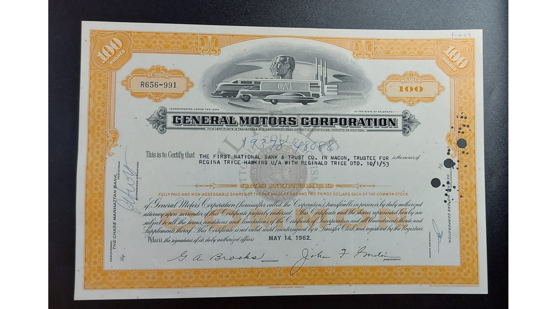 TITOLO AZIONARIO GENERAL MOTORS CORPORATION 1962