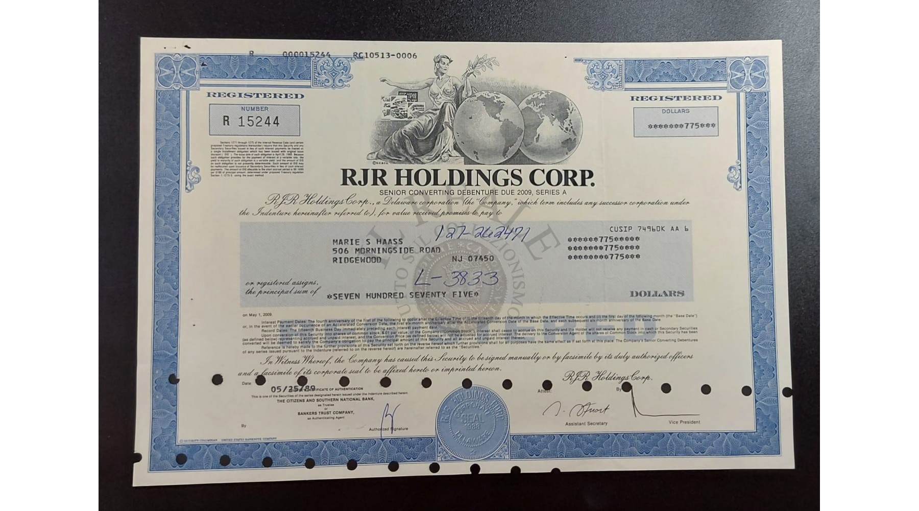 TITOLO AZIONARIO RJR HOLDINGS CORP. 1989