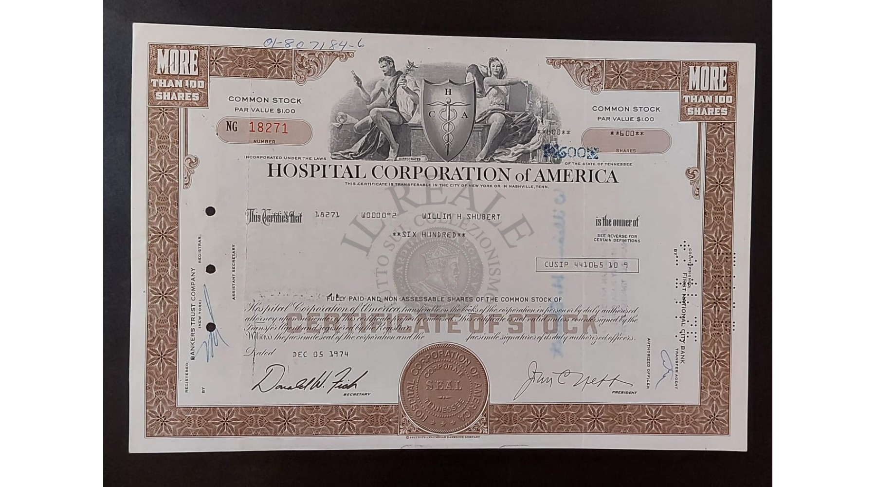 TITOLO AZIONARIO HOSPITAL CORPORATION OF AMERICA 1974