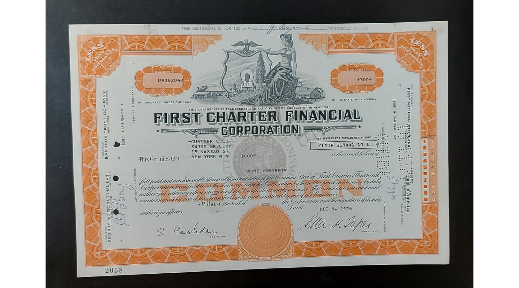 TITOLO AZIONARIO FIRST CHARTER FINANCIAL CORPORATION OF NEW YORK 1976