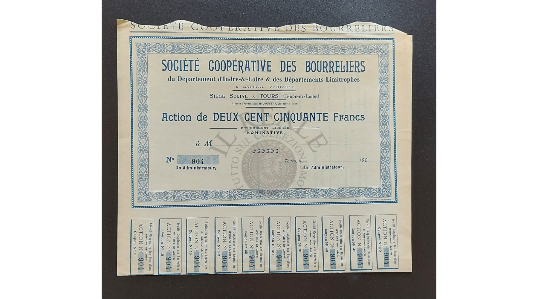 TITOLO AZIONARIO SOCIETE COOPERATIVE DES BOURRELIERS INDRE-ET-LOIRE