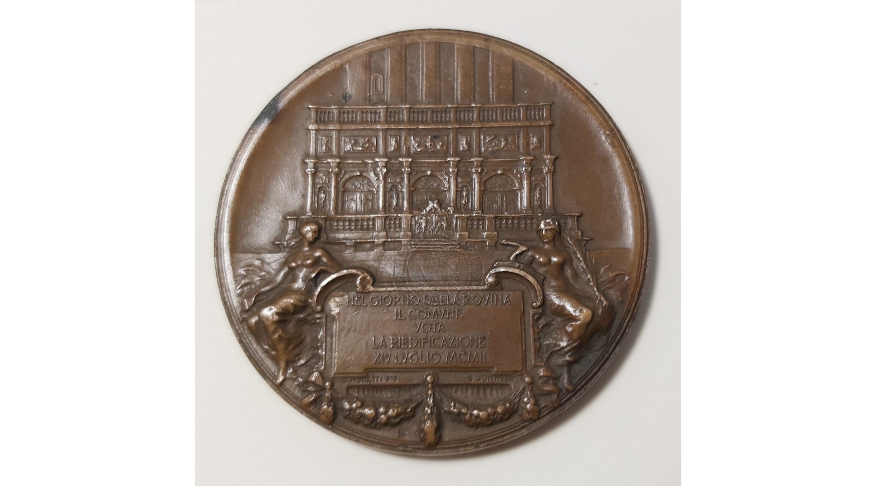 MEDAGLIA IN BRONZO  PER LA RICOSTRUZIONE DEL CAMPANILE DI VENEZIA 14 LUGLIO 1902  “COME ERA DOVE ERA” “IL VOTO E’ COMPIUTO” - 25 APRILE 1912