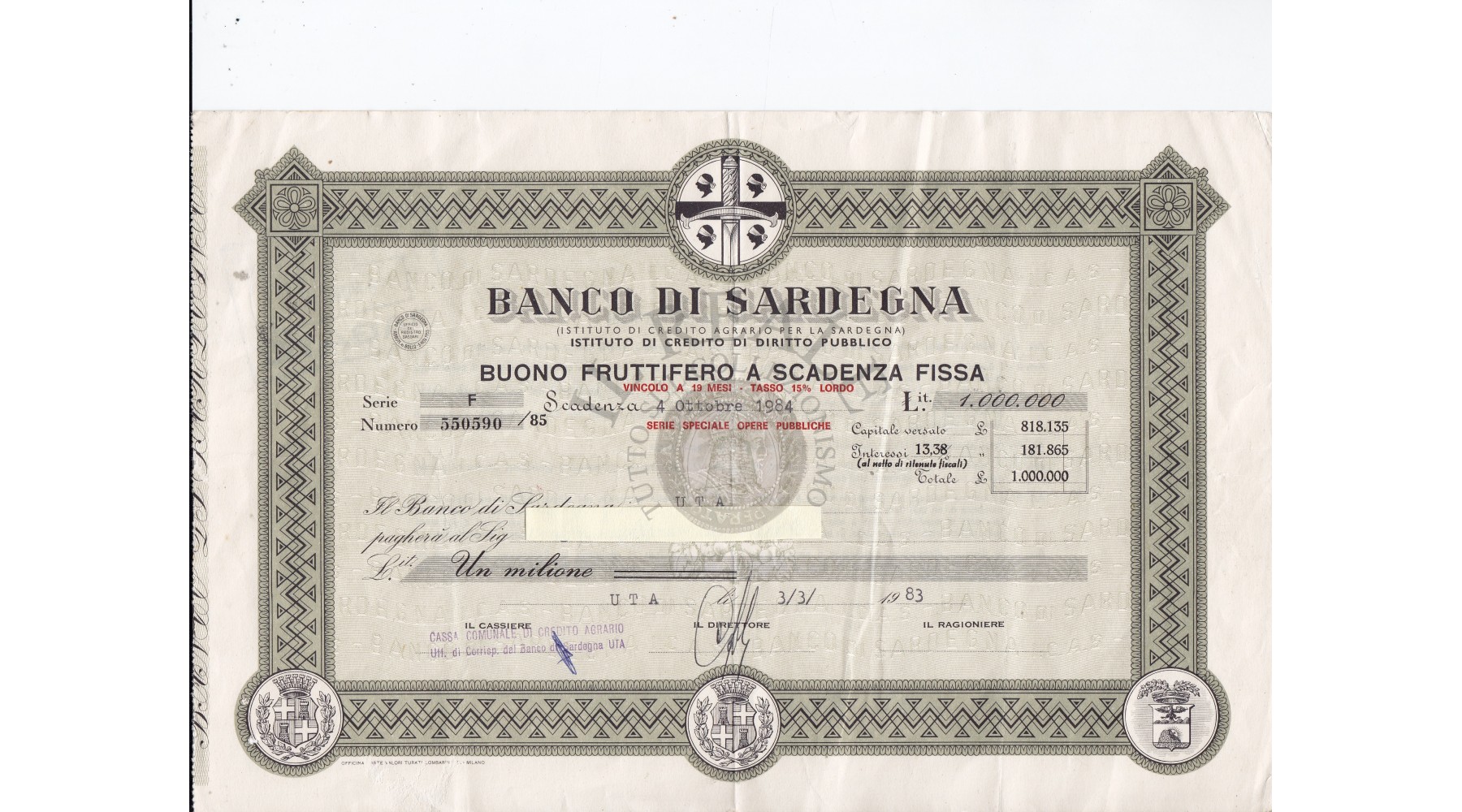 BANCO DI SARDEGNA BUONO FRUTTIFERO A SCADENZA FISSA DA 1.000.000 RARO