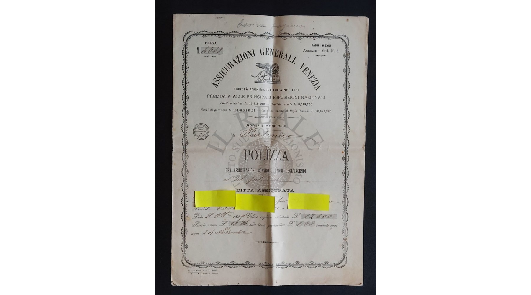 ASSICURAZIONI GENERALI DI VENEZIA POLIZZA DI ASSICURAZIONE PARTINICO (PA) 1899