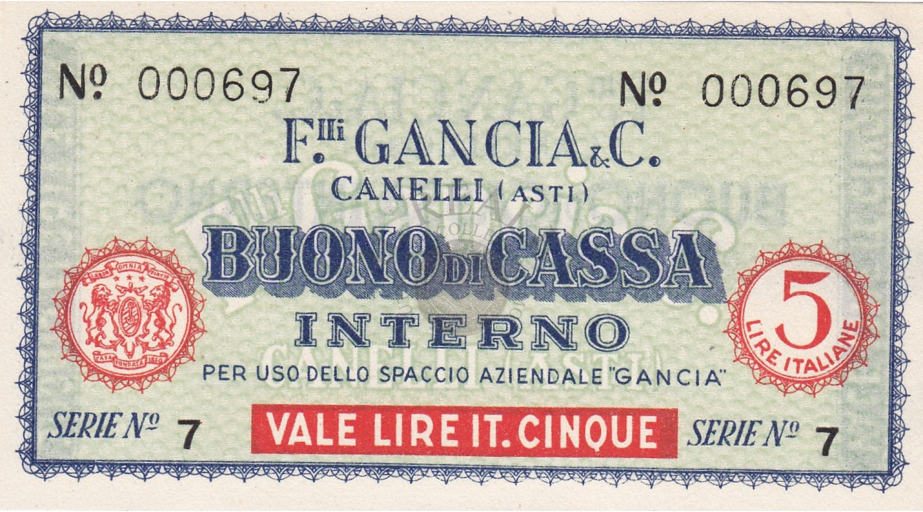 BUONO DI CASSA DA 5 LIRE F.LLI GANCIA FDS