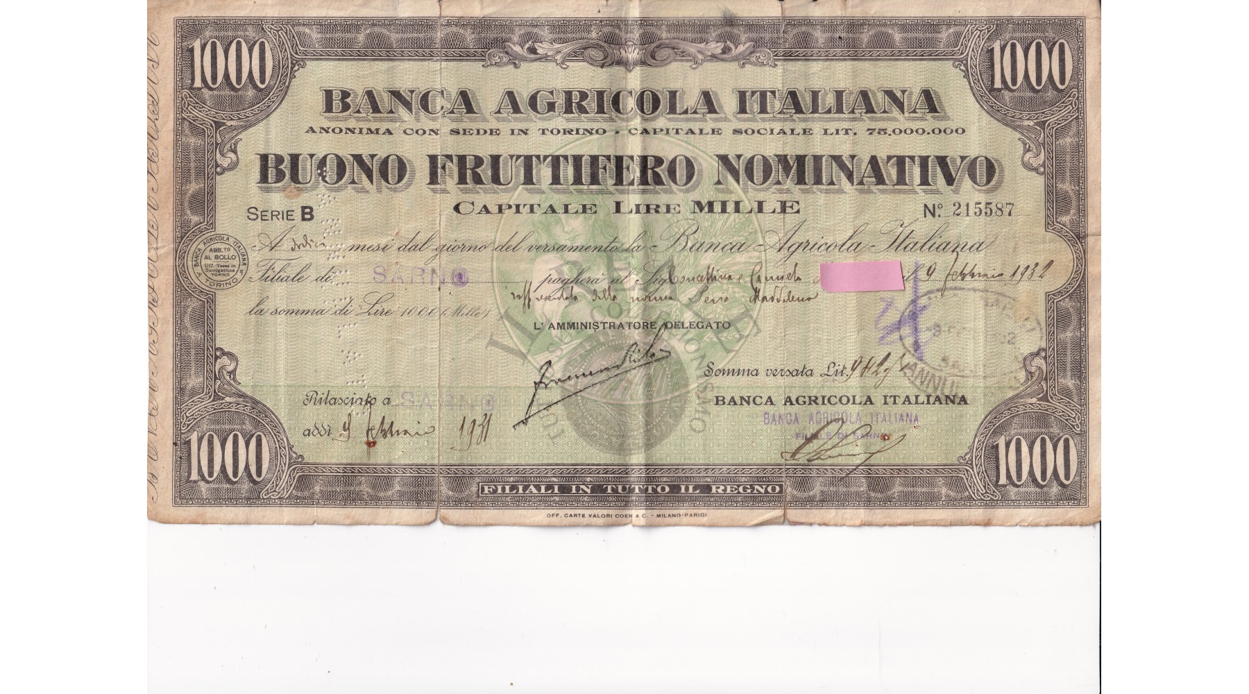 BANCA AGRICOLA ITALIANA BUONO FRUTTIFERO NOMINATIVO DA LIRE 1.000 emesso a Sarno il 9 Febbraio 1931