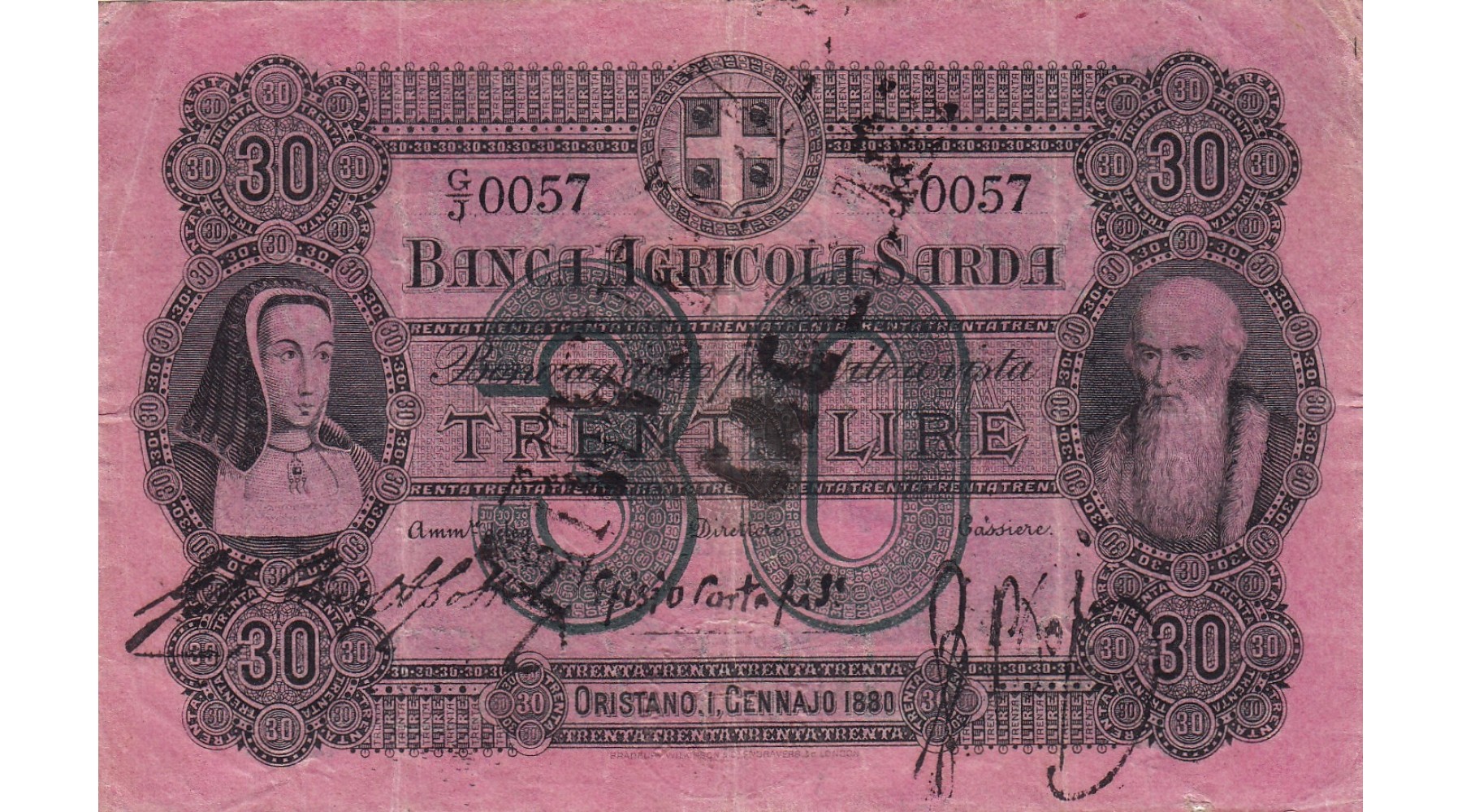 Banca Agricola Sarda 30 Lire 1880