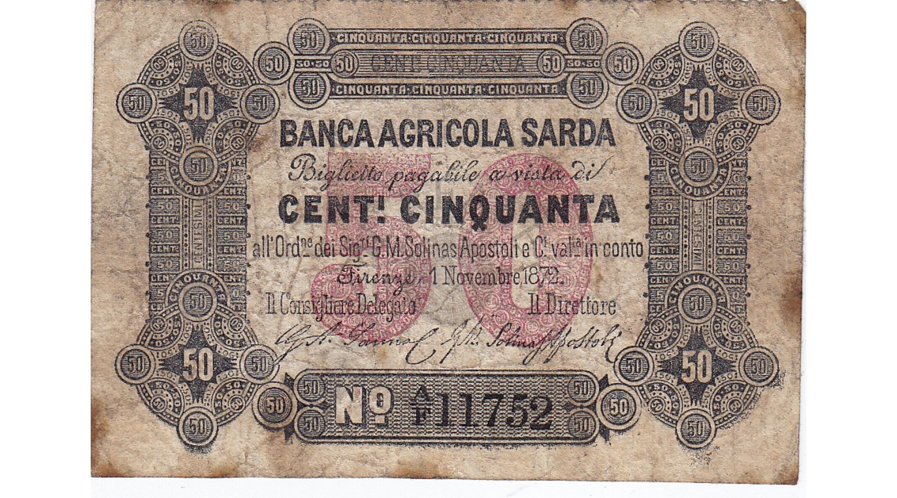 Banca Agricola Sarda 50 centesimi 1872