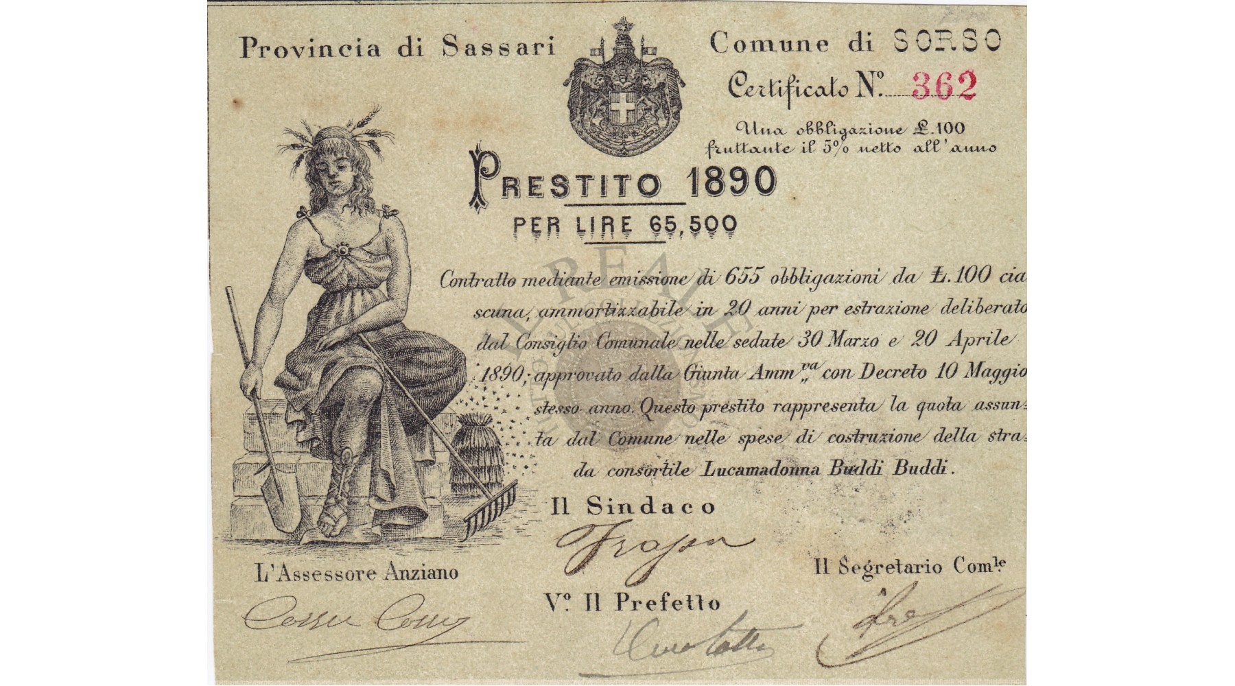 Comune di Sorso Obbligazione da 100 Lire 1890