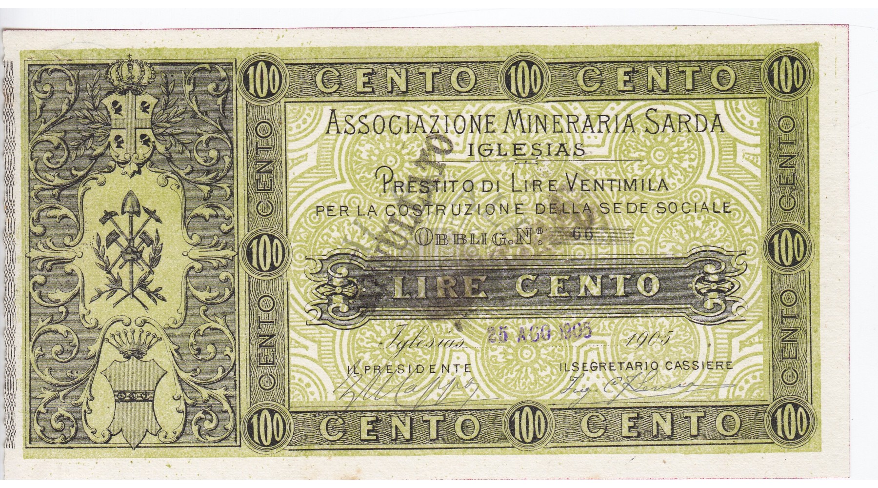 Associazione Mineraria Sarda  Obbligazione da 100 lire  1905